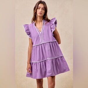 NWT‎ BiBi | Women’s Purple/White Gameday Ruffle Cap Sleeve Tiered Mini Dress XL